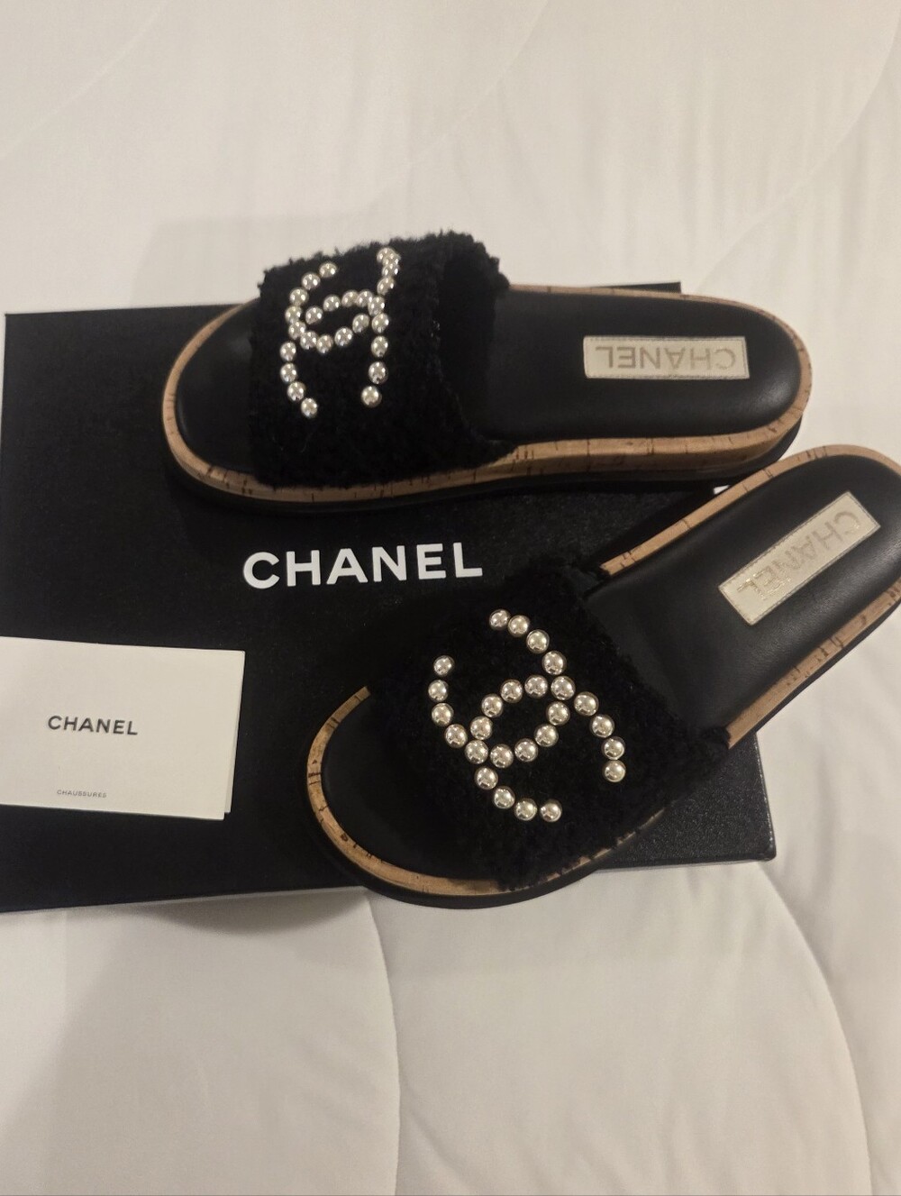 Chanel CC Logo Tweed Cork Slides Sz 39